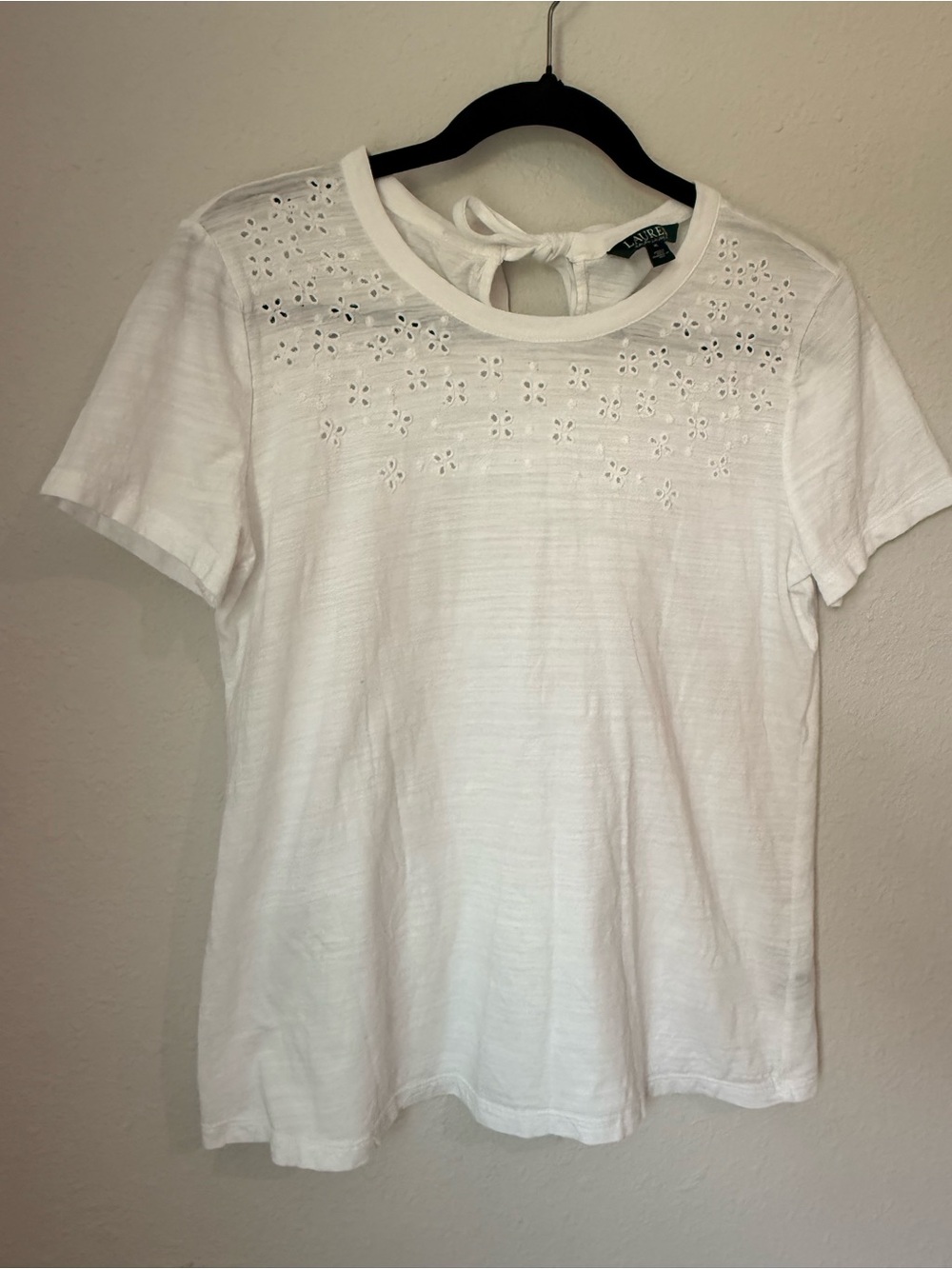 Lauren Ralph Lauren White Eyelet Yoke Short Sleeve Tee with Back Tie